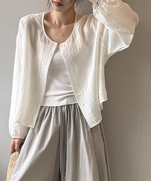 Beststore(ベストストア)の「ノーカラー 夏カーディガン シャツブラウス ショート 薄手 夏 UV対策 日焼け対策(カーディガン/ボレロ・レディース・ライトベージュ/ライトブルー/ホワイト/ライトグレー・FREE)」の5枚目の写真