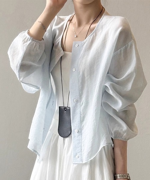 Beststore(ベストストア)の「ノーカラー 夏カーディガン シャツブラウス ショート 薄手 夏 UV対策 日焼け対策(カーディガン/ボレロ・レディース・ライトベージュ/ライトブルー/ホワイト/ライトグレー・FREE)」の21枚目の写真
