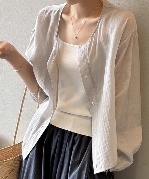 Beststore(ベストストア)の「ノーカラー 夏カーディガン シャツブラウス ショート 薄手 夏 UV対策 日焼け対策(カーディガン/ボレロ・レディース・ライトベージュ/ライトブルー/ホワイト/ライトグレー・FREE)」の9枚目の写真