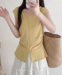 編み込み フロント スリット フレンチスリーブ Tシャツ