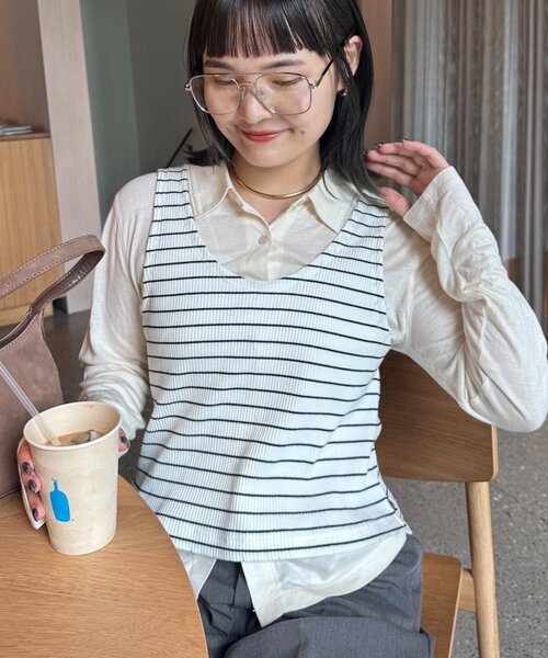 CIAOPANIC TYPY(チャオパニックティピー)の「【WEB限定】【簡単レイヤードが叶うセットアイテム】ボーダータンクレイヤード襟付きシアーカットシャツ(アンサンブル・レディース・ブラウン/グレー/オフホワイト・ONE SIZE)」の4枚目の写真