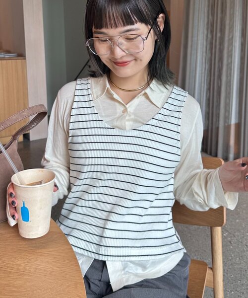 CIAOPANIC TYPY(チャオパニックティピー)の「【WEB限定】【簡単レイヤードが叶うセットアイテム】ボーダータンクレイヤード襟付きシアーカットシャツ(アンサンブル・レディース・ブラウン/グレー/オフホワイト・ONE SIZE)」の5枚目の写真