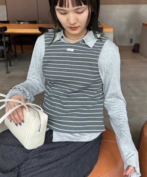 CIAOPANIC TYPY(チャオパニックティピー)の「【WEB限定】【簡単レイヤードが叶うセットアイテム】ボーダータンクレイヤード襟付きシアーカットシャツ(アンサンブル・レディース・ブラウン/グレー/オフホワイト・ONE SIZE)」の22枚目の写真