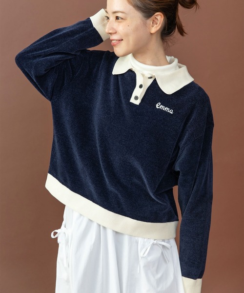 PAR ICI（パーリッシィ）の「emma チェーン刺繍 カレッジポロプルオーバー（ポロシャツ・レディース・ネイビー/オレンジ/カーキ・FREE）」の3枚目の写真
