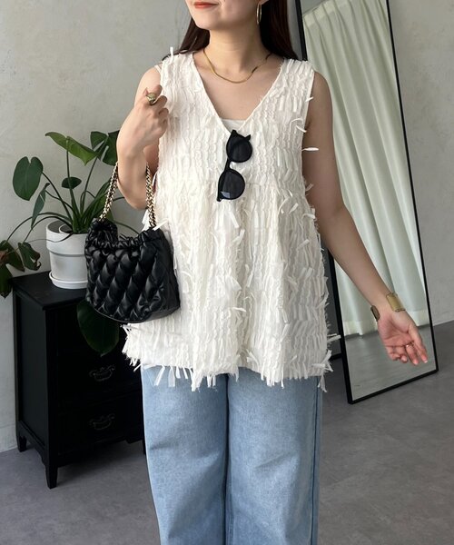ブラウス シャツ リボンフリンジVネックペプラムベスト レディース リボンフリンジVネックペプラムベスト（シャツ/ブラウス