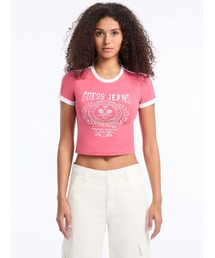 GUESS　ゲス　レディース　ティーシャツ　ショート丈 GUESS ゲス ロゴTシャツ 半袖 ブラック クロップド丈 トライアングル