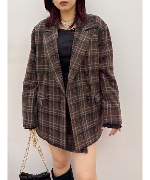 EVRIS（エヴリス）の「チェックルーズジャケット【セットアップ着用可能】（テーラードジャケット・レディース・ブラウン/グレー・FREE）」の2枚目の写真