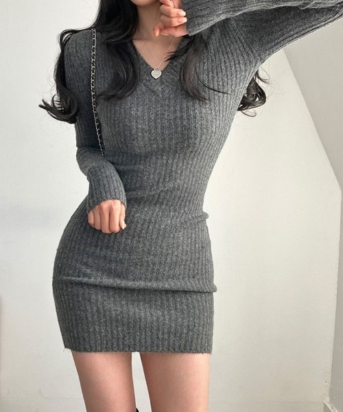 shoppinggo(ショッピングゴー)の「秋冬タイトワンピース ニットワンピース Vネック インナーワンピース リブ レディース(ワンピース・レディース・グレー/ブラック/ベージュ・FREE)」の9枚目の写真