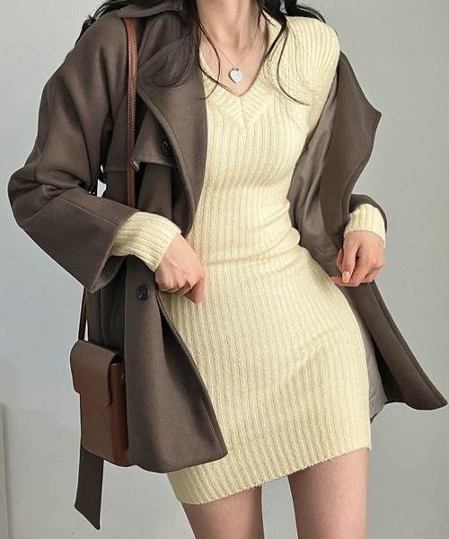 shoppinggo(ショッピングゴー)の「秋冬タイトワンピース ニットワンピース Vネック インナーワンピース リブ レディース(ワンピース・レディース・グレー/ブラック/ベージュ・FREE)」の15枚目の写真