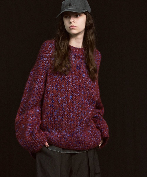 UNISEX》Tape Yarn Mix Hand Knitting Prime-Over Crew Neck Knit