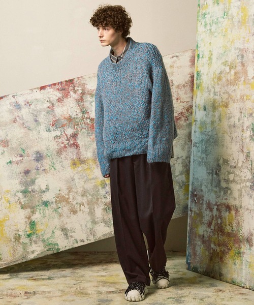 UNISEX》Tape Yarn Mix Hand Knitting Prime-Over Crew Neck Knit