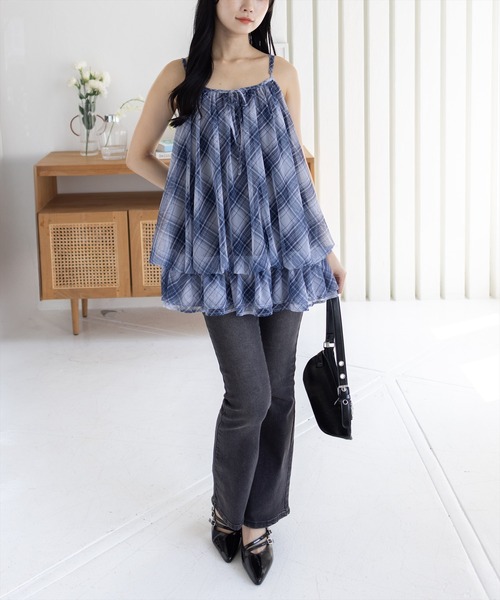 clear（クリア）の「シアーチェック柄バルーンチュニック［韓国ファッション カジュアル］（チュニック・レディース・ブラウン/レッド/ブルー・F）」の4枚目の写真