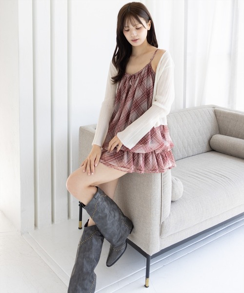 clear（クリア）の「シアーチェック柄バルーンチュニック［韓国ファッション カジュアル］（チュニック・レディース・ブラウン/レッド/ブルー・F）」の7枚目の写真