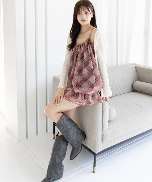clear（クリア）の「シアーチェック柄バルーンチュニック［韓国ファッション カジュアル］（チュニック・レディース・ブラウン/レッド/ブルー・F）」の6枚目の写真