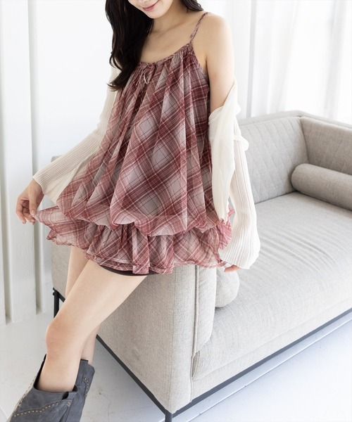 clear（クリア）の「シアーチェック柄バルーンチュニック［韓国ファッション カジュアル］（チュニック・レディース・ブラウン/レッド/ブルー・F）」の5枚目の写真