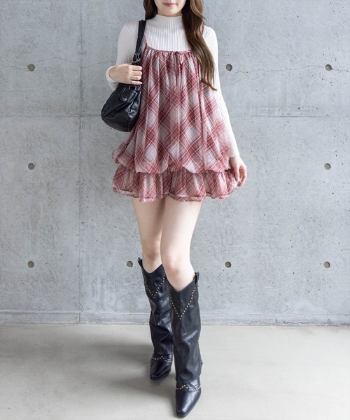 clear（クリア）の「シアーチェック柄バルーンチュニック［韓国ファッション カジュアル］（チュニック・レディース・ブラウン/レッド/ブルー・F）」の22枚目の写真