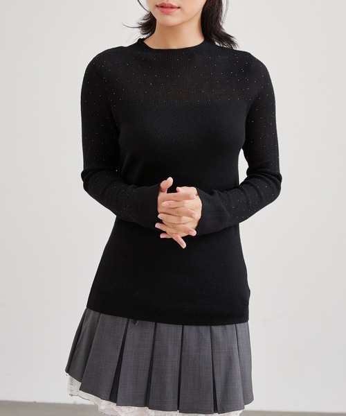 Lace Ladies(レースレディース)の「オフネック スパンコール リブミックス ニット プルオーバー(ニット/セーター・レディース・グレー/ブラック/アイボリー・FREE)」の1枚目の写真