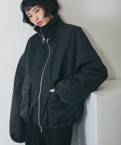 襟バイカラーダブルファスナー中綿コート（ステンカラーコート