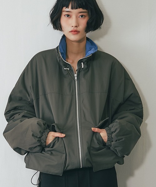 セール】襟バイカラーダブルファスナー中綿コート（ステンカラーコート