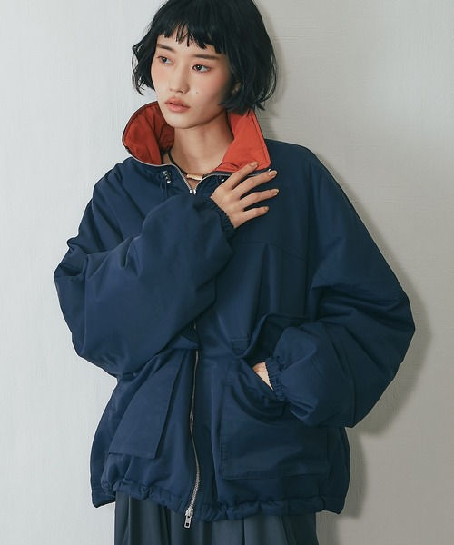 セール】襟バイカラーダブルファスナー中綿コート（ステンカラーコート