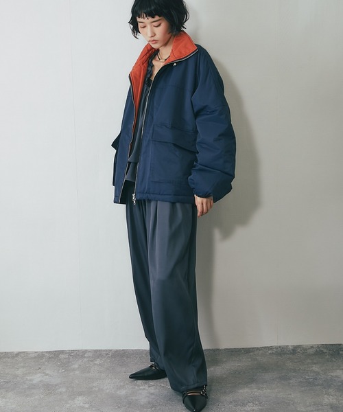 セール】襟バイカラーダブルファスナー中綿コート（ステンカラーコート