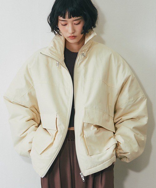 襟バイカラーダブルファスナー中綿コート（ステンカラーコート