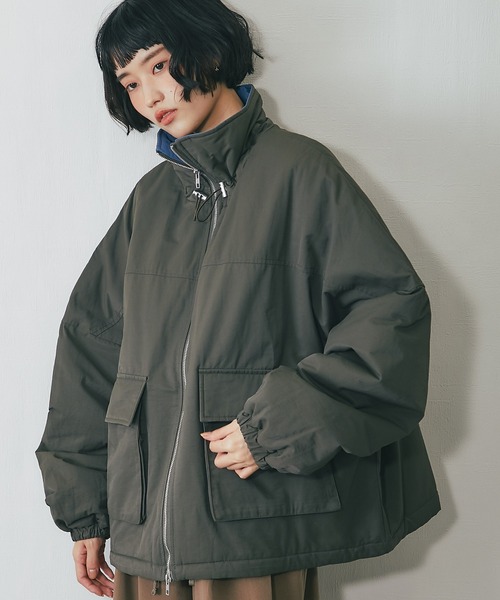 襟バイカラーダブルファスナー中綿コート（ステンカラーコート