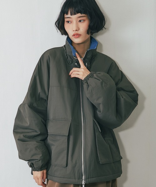 襟バイカラーダブルファスナー中綿コート（ステンカラーコート