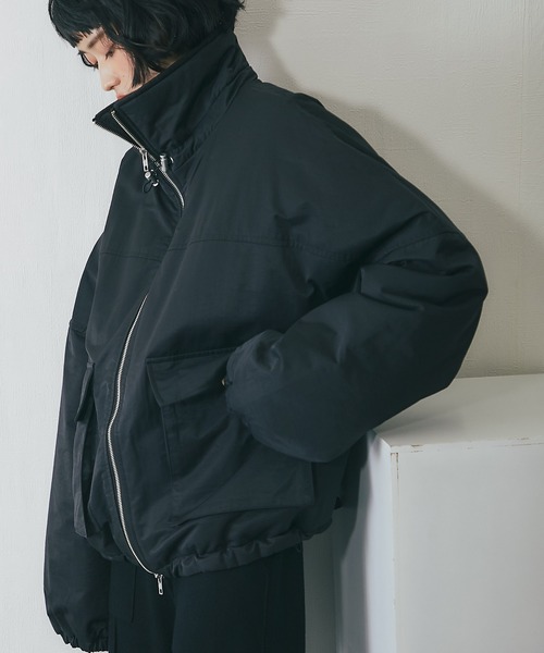 襟バイカラーダブルファスナー中綿コート（ステンカラーコート