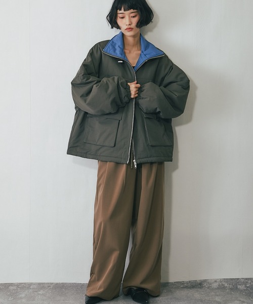 ・ミニタリーマキシロングコートカーキ ダブルジッパー ジャケット ブルゾン 中綿 ミニタリーマキシロングコートカーキ ダブルジッパー ジャケット