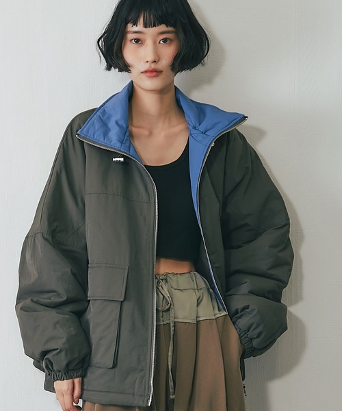 ジャケット・アウター S 襟バイカラーダブルファスナー中綿コート（ステンカラーコート