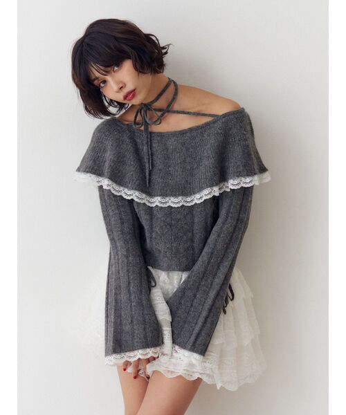 jouetie(ジュエティ)の「フリルレースオフショルニットトップス(ニット/セーター・レディース・アイボリー/ブラック/グレー・MEDIUM)」の8枚目の写真
