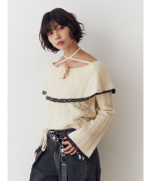jouetie(ジュエティ)の「フリルレースオフショルニットトップス(ニット/セーター・レディース・アイボリー/ブラック/グレー・MEDIUM)」の12枚目の写真