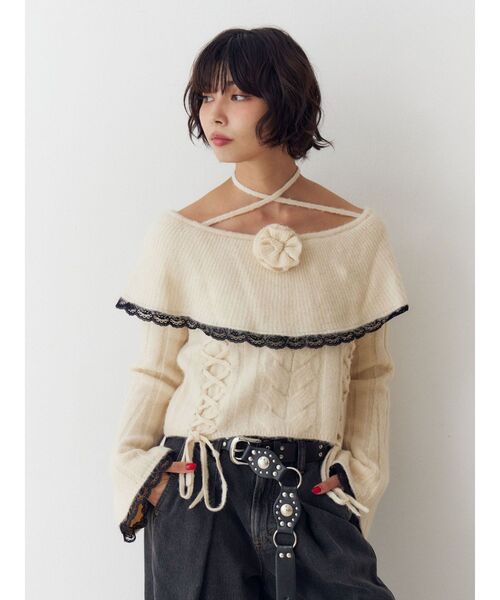 jouetie(ジュエティ)の「フリルレースオフショルニットトップス(ニット/セーター・レディース・アイボリー/ブラック/グレー・MEDIUM)」の13枚目の写真