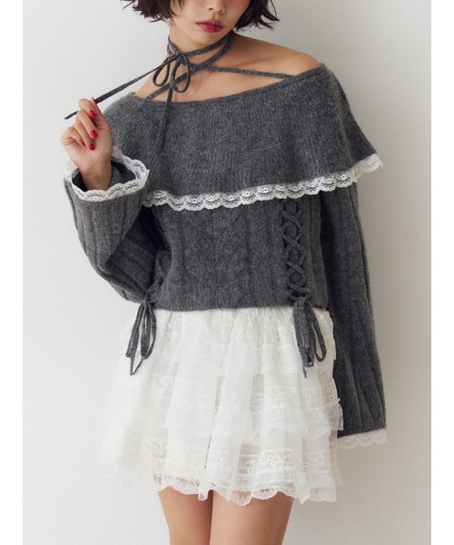 フリルレースオフショルニットトップス（ニット/セーター）｜jouetie