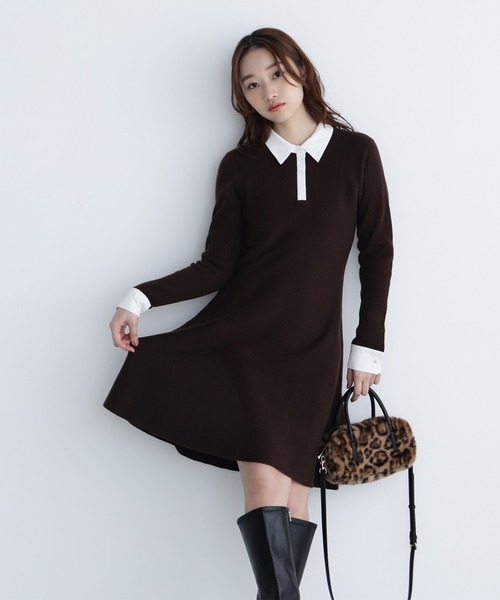 NATURAL BEAUTY BASIC（ナチュラルビューティーベーシック）の「◇シャツカラーミニニットワンピース（ワンピース・レディース・ダークブラウン/グレー/グレイッシュベージュ・MEDIUM/P/S）」の3枚目の写真