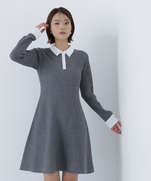 NATURAL BEAUTY BASIC（ナチュラルビューティーベーシック）の「◇シャツカラーミニニットワンピース（ワンピース・レディース・ダークブラウン/グレー/グレイッシュベージュ・MEDIUM/P/S）」の2枚目の写真