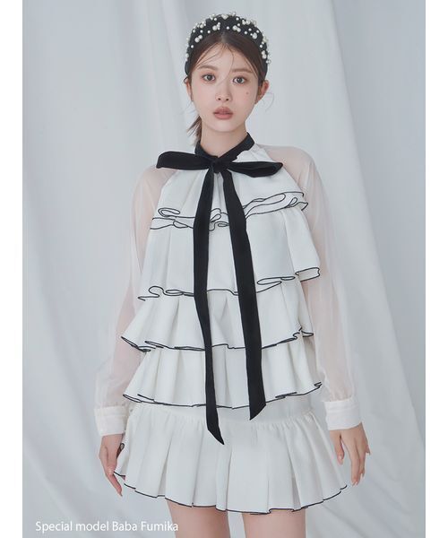 SNIDEL（スナイデル）の「ティアードラッフルミニドレス（ドレス・レディース・ブラック/ホワイト/ミント・0/1）」の4枚目の写真