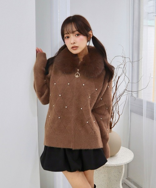 新品タグ付 ブルマリン ミンクファー襟付き カシミヤ混ビジューニットカーディガン 新品タグ付 ブルマリン ミンクファー襟付き カシミヤ混ビジューニット