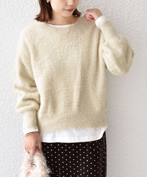 SHIPS Colors(シップス カラーズ)の「SHIPS Colors:〈手洗い可能〉シャギー クルーネック ニット(ニット/セーター・レディース・ダークグレー/ベージュ/イエロー・ONE SIZE)」の2枚目の写真