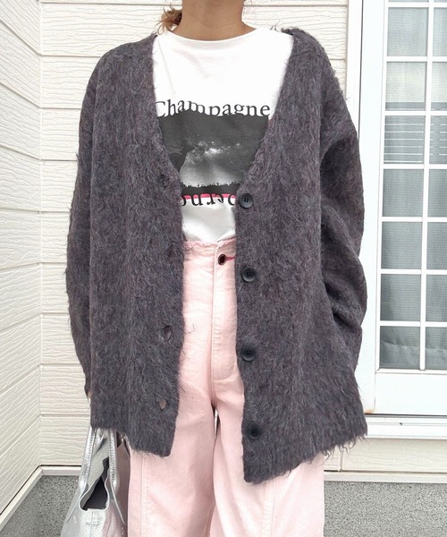 Q（キュー）の「マーブルシャギーカーディガン（カーディガン/ボレロ・レディース・サーモンピンク/アッシュブラウン・MEDIUM）」の2枚目の写真