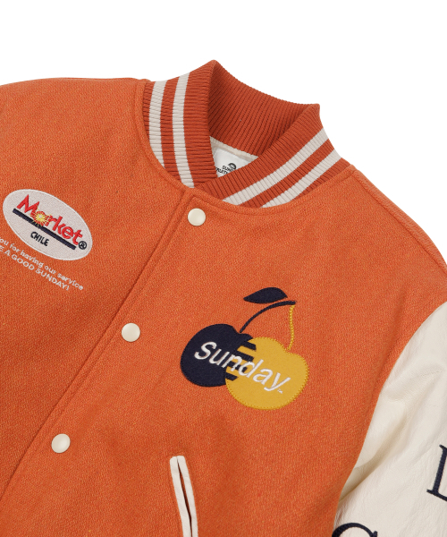 SUNDAY FRUIT MARKET(サンデーフルーツマーケット)の「W) GOLDEN HOUR VARSITY JACKET ORANGE(スタジャン・レディース・その他・SMALL/MEDIUM)」の3枚目の写真