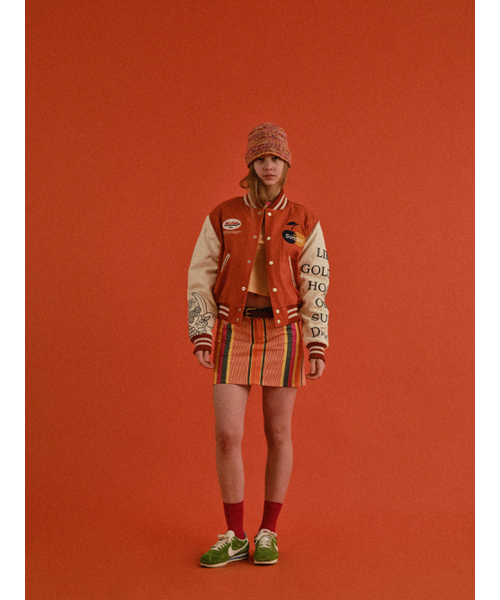 SUNDAY FRUIT MARKET(サンデーフルーツマーケット)の「W) GOLDEN HOUR VARSITY JACKET ORANGE(スタジャン・レディース・その他・SMALL/MEDIUM)」の6枚目の写真