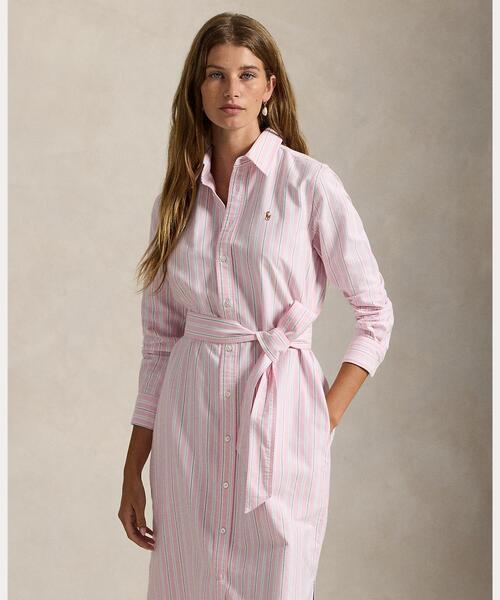 ストライプド コットン オックスフォード ベルテッド シャツドレス