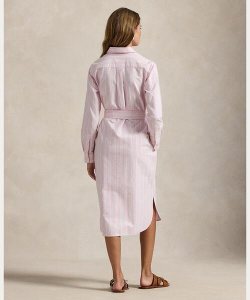 ストライプド コットン オックスフォード ベルテッド シャツドレス