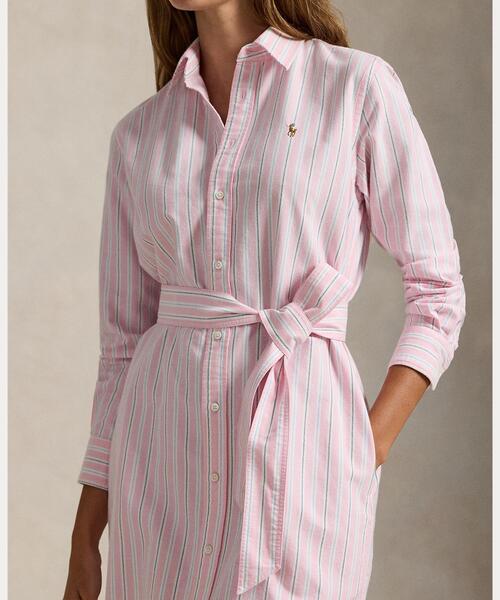 ストライプド コットン オックスフォード ベルテッド シャツドレス