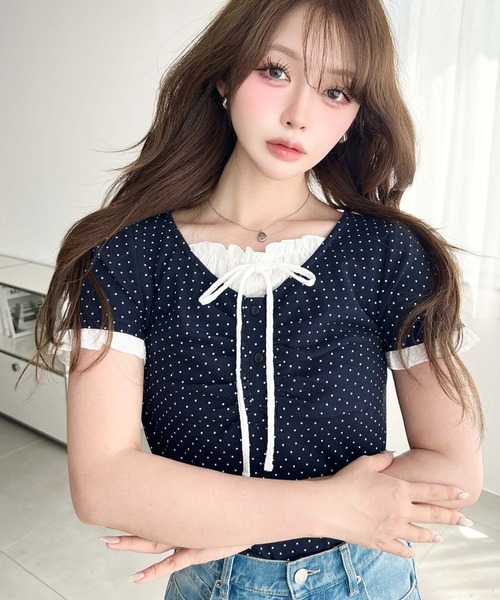 moment+（モーメントプラス）の「フロントギャザーレイヤード風ヘンリーネックリブカットソー半袖トップス（Tシャツ/カットソー・レディース・ホワイト系その他/ブラック/杢グレー/アイボリー/ネイビー/ブルー系その他/ブラック系その他/ピンク/イエロー系2/ネイビー系2/ホワイト系2・M/L）」の8枚目の写真