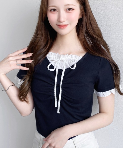 moment+（モーメントプラス）の「フロントギャザーレイヤード風ヘンリーネックリブカットソー半袖トップス（Tシャツ/カットソー・レディース・ホワイト系その他/ブラック/杢グレー/アイボリー/ネイビー/ブルー系その他/ブラック系その他/ピンク/イエロー系2/ネイビー系2/ホワイト系2・M/L）」の7枚目の写真