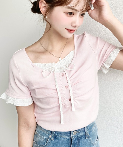 moment+（モーメントプラス）の「フロントギャザーレイヤード風ヘンリーネックリブカットソー半袖トップス（Tシャツ/カットソー・レディース・ホワイト系その他/ブラック/杢グレー/アイボリー/ネイビー/ブルー系その他/ブラック系その他/ピンク/イエロー系2/ネイビー系2/ホワイト系2・M/L）」の11枚目の写真
