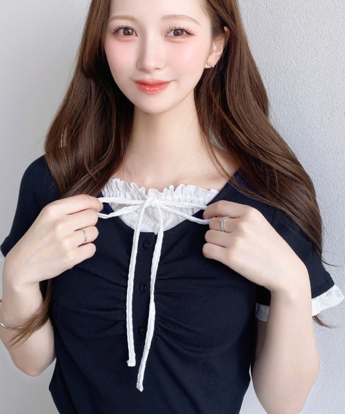 moment+（モーメントプラス）の「フロントギャザーレイヤード風ヘンリーネックリブカットソー半袖トップス（Tシャツ/カットソー・レディース・ホワイト系その他/ブラック/杢グレー/アイボリー/ネイビー/ブルー系その他/ブラック系その他/ピンク/イエロー系2/ネイビー系2/ホワイト系2・M/L）」の12枚目の写真